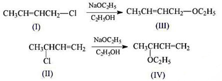 1-氯-2-丁烯（I)和3-氯-1-丁烯（II)分别与浓的乙醇钠的乙醇溶液反应，（I)只生成（III