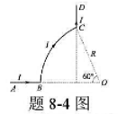 如题8-4图所示，AB、CD为长直导线，BC为圆心在0点的段圆弧形导线，其半径为R，若通以电流I，求