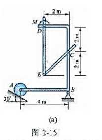 直角弯杆ABCD与直杆DE及EC铰接如图2-15a，作用在杆DE上力偶的力偶矩M=40kN·m，不计