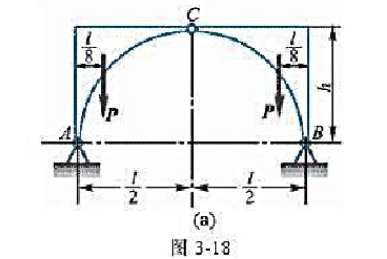 如图3-18a所示，三铰拱由两半拱和3个铰链A，B,C构成，已知每半拱重为P=300kN，l=32m