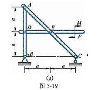 构架由杆AB，AC和DF铰接而成，如图3-19a所示，在杆DEF上作用1力偶矩为M的力偶。各杆重力不