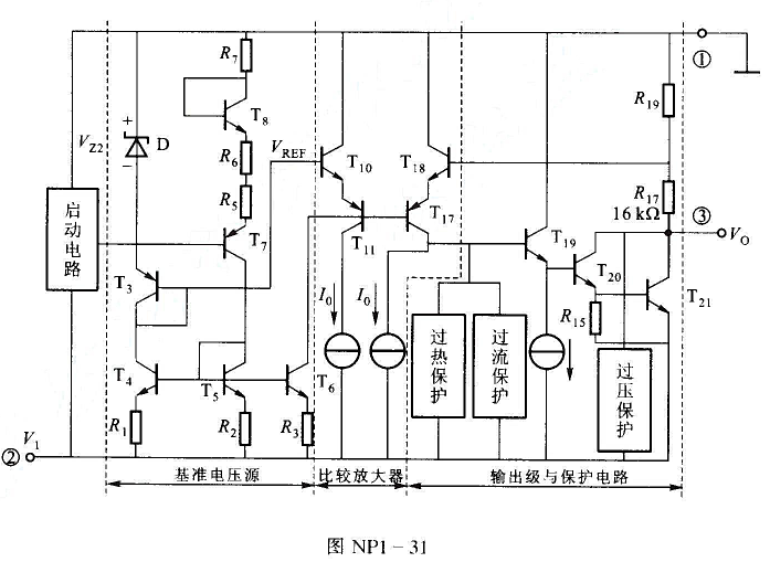 图NP1-31所示为SW7900三端式负电压输出的集成稳压器内部原理电路，已知输入电压V1=-19V
