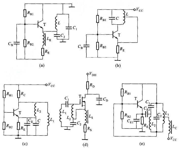 试改正图NP3-8所示各振荡电路中的错误,并指出电路类型。图中CB、CD、CE均为旁路电容或隔直流电