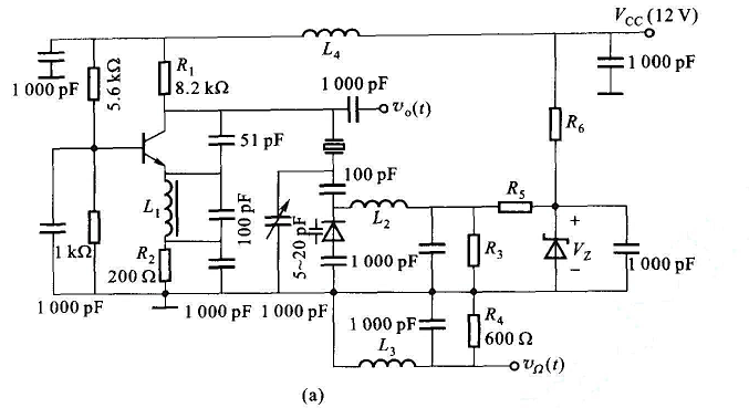 图NT5-7（a)所示为变容管直接调频电路，分别画出高频通路、变容管的直流通路和音频通路，并指出电图