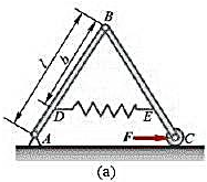 图3-22a所示2等长杆AB与BC在点B用铰链连接，又在杆的D、E两点连1弹簧。弹簧的刚度系数为k，