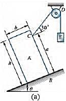 均质箱体A的宽度b=1m，高h=2m，重力P=200kN，放在倾角θ=20°的斜面上。箱体与斜面之间