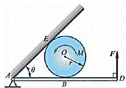 均质圆柱重力P，半径为r，搁在不计自重的水平杆和固定斜面之间。杆端A为光滑铰链，D端受1铅垂向上的力