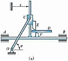 剪切金属板的‘飞剪机’结构如图8-18a。工作台AB的移动规律是，滑块C带动上刀片E沿导柱运动以切断