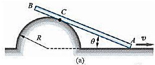 杆AB的A端沿水平线以等速v运动，运动时杆恒与1半圆周相切于点C，半圆周的半径为R，如图9-4a所示