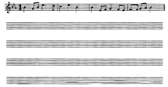 用下列旋律写作长笛、双簧管、单簧管、大管的三个八度齐奏。