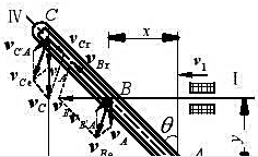 图9-33a所示放大机构中，杆Ⅰ和Ⅱ分别以速度v1和v2沿箭头方向运动，其位移分别以x和y表示。如杆