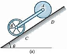 均质实心圆柱体A和薄铁环B的质量均为m，半径都等于r，两者用杆AB铰接，无滑动地沿斜面滚下，斜面与水