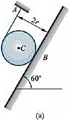 如图12-21a所示均质圆柱体的质量为m，半径为r，放在倾角为60°的斜面上。1细绳缠绕在圆柱体上，