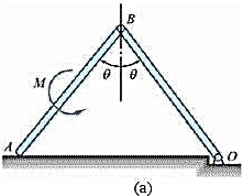 平面机构由2匀质杆AB，BO组成，2杆的质量均为m，长度均为l，在铅垂平面内运动。在杆AB上作用1不