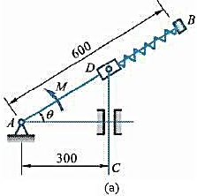 如图15-7a所示滑套D套在光滑直杆AB上，并带动杆CD在铅直滑道上滑动，已知θ=0°时弹簧为原长，