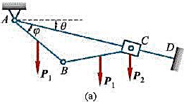 在图15-9a所示机构中，曲柄AB和连杆BC为均质杆，具有相同的长度和重量W1。滑块C的重量为W2，