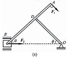 如图15-10a所示机构，在力F1与F2作用下在图示位置平衡，不计各构件自重与各处摩擦，OD=BD=