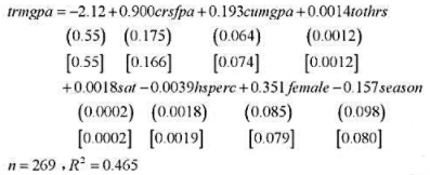 利用GPA3.RAW中的数据，对秋季第二学期的学生估计如下方程这里trm gpa表示木学期的GPA，
