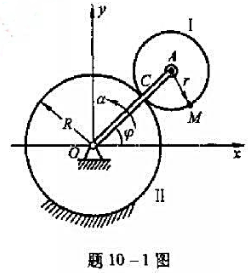 曲柄OA以匀角加速度α绕O轴转动，带动半径为r的齿轮I沿半径为R的固定齿轮Ⅱ滚动。如运动初始时，角速