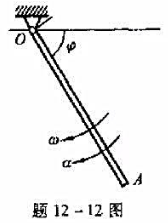 质量为m，长为2l的均质杆OA绕定轴O转动，设在图示瞬时的角速度为ω，角加速度为α，求此时轴O对杆的