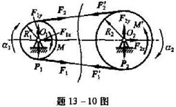 如图所示，两带轮的半径各为R1和R2，重量各为P1和P2，如在轮O1上作用一转矩M，在轮O2上作用一