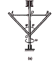 各长为Ɩ、重为P的两均质杆OA与OB，一端用铰链固定在铅垂轴上的O点，另一端用水平绳连在轴上的D处，