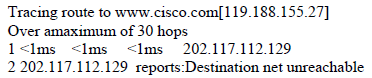 某用户无法访问域名为www.cisco.com的网站，在用户主机上执行tracert命令得到提示如下