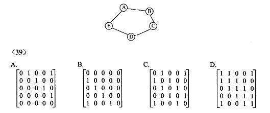 下图的邻接矩阵表示为（39) （行列均以A、B、C、D、E为序）；若某无向图具有10个顶点，则其完全