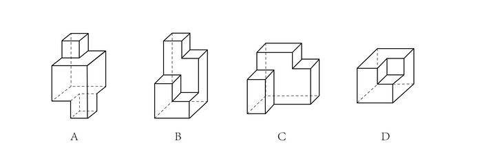 下面四个立体图形中，哪一项不能用一个平面分割为两个完全相同或互为镜像的部分？A.B.C.D.下面四个