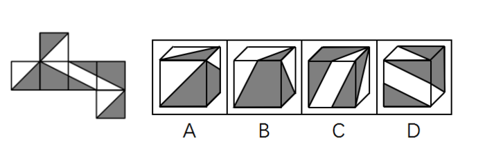 左图给定的是正方体纸盒的外表面，下面哪一项能由它折叠而成？A.AB.BC.CD.D左图给定的是正方体