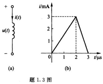 电路如题1．3图（a)所示，电感L=10 mH，电流i（t)的波形如题1．3图（b)所示，试计算t≥