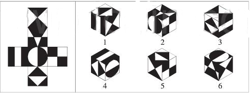 图左为一展开的平面图形，图右给出的6个立方体中，不能由该平面图形折叠而成的有：（）A.2、3、5B.