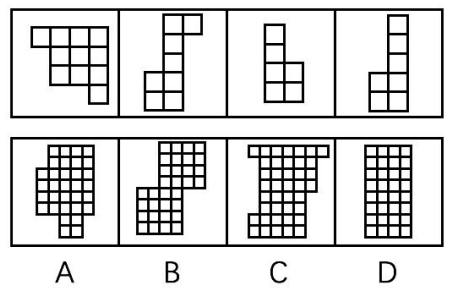 下边四个图形中，只有一个是由上边的四个图形拼合而成的，请把它找出来。A.B.C.D.下边四个图形中，