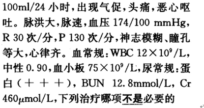 肾综合征出血热患者热退2天，尿量 A.利尿B.导泻C.纠正酸中毒D.抗病毒治疗E.透析治疗肾综合征出