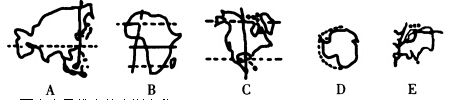 根据图中的图形轮廓，判别大洲的名称。（1)写出字母代表的大洲名称：A．___________，B．_