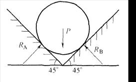 如图所示一圆球，重量为P，放在两个光滑的45°斜面上静止不动，产生的RA、RB为（)。A.RA=RB