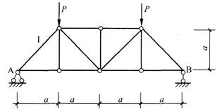 如图所示结构，杆I的内力为下列何值？（)A.压力√2PB.拉力√2PC.压力√2／2PD.拉力√2／