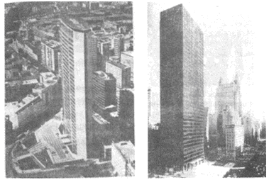 图示两个高层建筑，分别是（)。A.米兰派瑞利大厦（右)纽约利华大厦B.东京新宿住友大厦（左)纽约利华