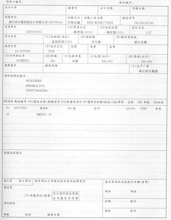 资料2中华人民共和国海关出口货物报关单 预录入编号：528071737，该货于2000年3月25日装