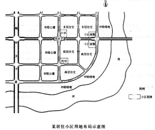 某房地产开发商拟在滨河地段规划建设一居住小区，用地规模50hm2，提出了一个用地布局初步设想，如图所