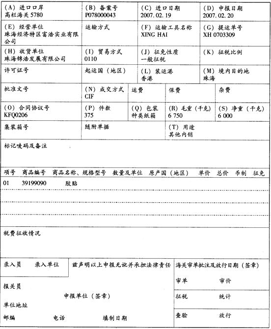 资料1： 中华人民共和国海关进口货物报关单预录入编号：801000233—7 海关编号：资料1： 中