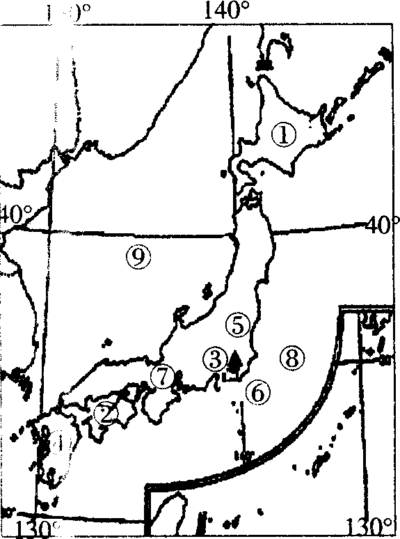 读日本略图，回答下列问题。（14分)（1)根据图中数码代号，填m相应的地理名称。①_________