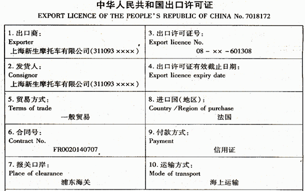 （一）上海新生摩托车有限公司（311093××××)于2008年7月9日持出口收汇核销单出口自产摩托