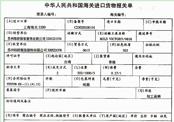 （二）苏州郎舒服装服饰有限公司（3205221376)凭手册C23028100101进口货物一批（列