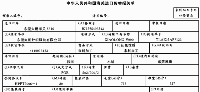 （一)东莞虹雨针织服装有限公司（位于东莞厚街镇)为履行产品出口合同进口布料一批，2006年5月8日该