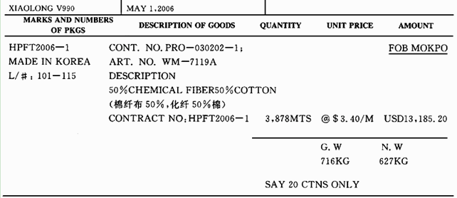 （一)东莞虹雨针织服装有限公司（位于东莞厚街镇)为履行产品出口合同进口布料一批，2006年5月8日该