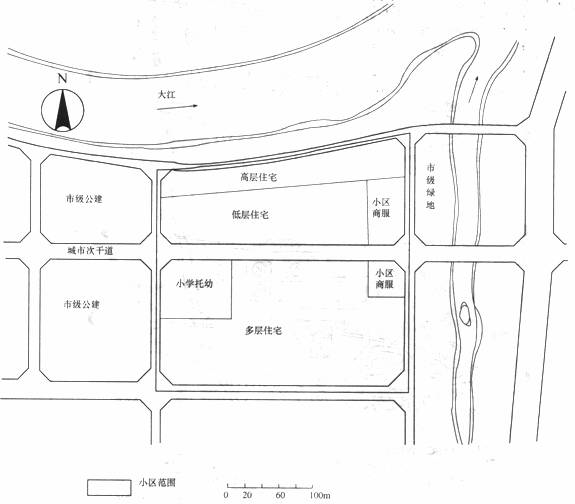某开发商拟在滨江规划建设一居住小区，用地规模约12公顷，提出了一个用地功能的布局方案。该居住小区规划