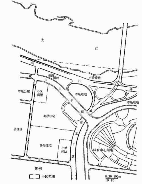 某房地产开发商拟在滨河地段规划建设一居住小区，用地规划约18hm2，提出了一个用地布局初步设想，如图