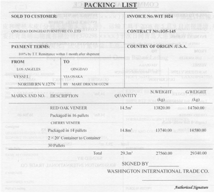 青岛东海家具有限公司（370225××××)持C42185100156号手册进口红橡木皮和樱桃木皮（