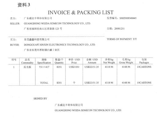 资料1广东威达半导体有限公司（4403148263)从境外进口原材料一批（列手册C533013425